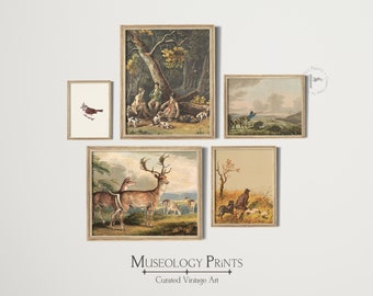 Jachtdecoratie muurkunst SET van 5 vintage plattelands- en natuurschilderijen | AFDRUKBARE Instant Download GALERIJ set | S5-103 Museologie