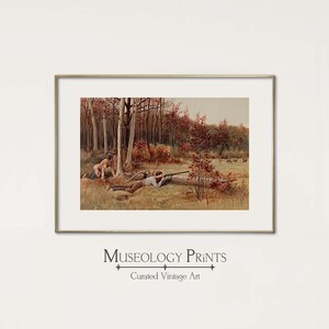 May include: A vintage illustration of two hunters in a forest setting. One hunter is aiming a rifle at a group of deer in the distance, while the other hunter is crouched behind a fallen log. The scene is painted in warm, earthy tones, with a sense of anticipation and action.