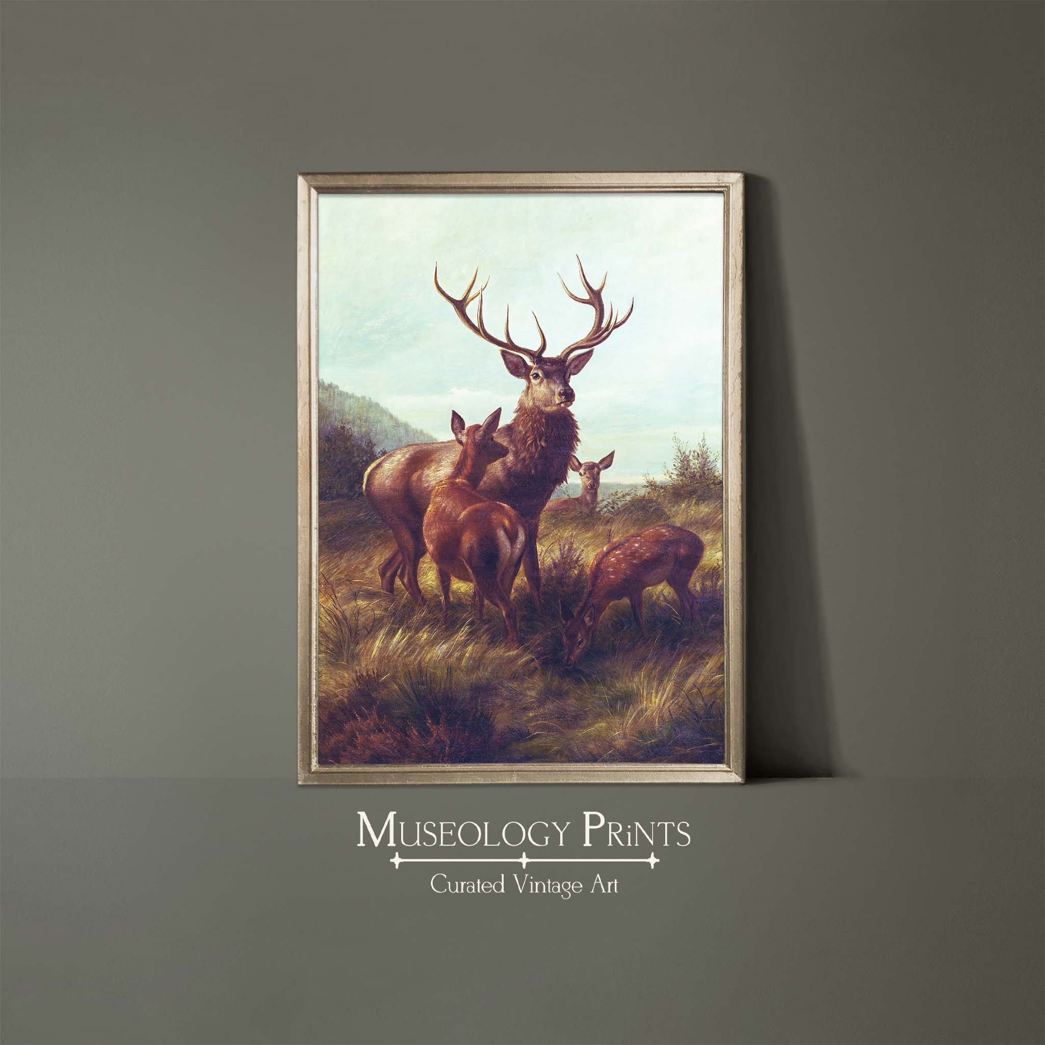 Stag and Doe Vintage Oil Painting | Antique Deer Art Print | Wildlife ...