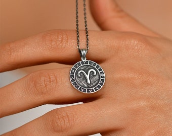 Sterling Silver Zodiac Sign Necklace, Engraved Zodiac Sign Medallion, Horoscope Unisex Necklace, Astrology Jewelry. Gift For Men and Woman