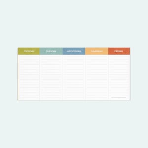 May include: A weekly planner with five columns labeled Monday, Tuesday, Wednesday, Thursday, and Friday. Each column has lined white paper with a colored header. The colors are green, blue, light blue, orange, and red.