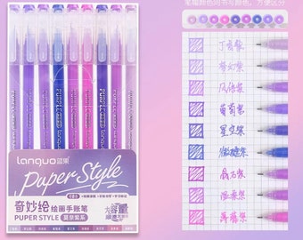 May include: A set of eight purple gel pens with a variety of purple shades. The pens are labeled "Purple Gel" and "Tanque". The packaging features the text "Languo" and "Puper Style". The image also shows a color chart with different shades of purple and the corresponding names in Chinese characters.