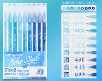 May include: A set of ten blue gel pens in a clear plastic case. The pens are labeled "Blue Style" and have different shades of blue ink. The ink colors are labeled in Chinese characters and English. The pens are designed for drawing and writing.