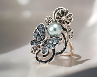 Pearl Butterfly Ring, Minimalist Jewelry, Friendship Jewelry, Blue Crystal Ring, Crystal Flower Ring, Butterfly Crystal Ring, Pearl Ring