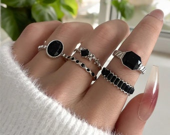 Black Crystal Ring Set, Goth Rings for Women, Gothic Jewelry, Punk Jewelry, Biker Jewelry, Black Stone Ring Set, Gold and Silver Ring Set