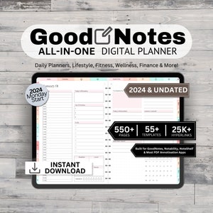 May include: A digital planner app for iPad with a pink, blue, and green color scheme. The app is called "GoodNotes" and is described as an "All-in-One Digital Planner". The app includes daily planners, lifestyle, fitness, wellness, finance, and more. The app has 550+ pages, 55+ templates, and 25K+ hyperlinks. The app is compatible with GoodNotes, Notability, NoteShelf, and most PDF annotation apps.