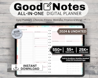 Good Notes Planner | 2024 Ipad Digital Planner for Daily, Monthly & Weekly | 2024 Undated Goodnotes Notability Self Care Planner Digital