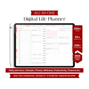 May include: A digital life planner on a tablet with a stylus. The planner has a pink and peach color scheme and includes daily planners, lifestyle, fitness, wellness, productivity, finance, and more. It is built for Goodnotes, Notability, and other PDF annotation apps. The planner includes 550+ pages, 55+ templates, and 25,000+ hyperlinks.
