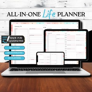 May include: A digital planner app interface on a laptop, tablet, and phone. The app is designed for Goodnotes and features a pink and blue color scheme. The text on the screen reads "January 01" and "ALL-IN-ONE Life PLANNER".