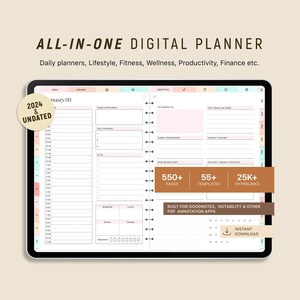May include: A digital planner on a tablet screen with a pink and blue color scheme. The planner is for 2024 and is undated. It includes 550+ pages, 55+ templates, and 25,000+ hyperlinks. The planner is built for Goodnotes, Notability, and other PDF annotation apps.