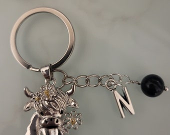 Highland cow keyring/keychain with initial and obsidian ball.
