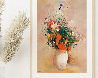 Odilon Redon, Vase of Flowers, Vintage Floral Still Life, Neutral Still Life Oil Painting, Poster Download