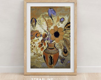 Odilon Redon, Etruscan Vase with Flowers, Floral Still Life Painting, Blue Ochre, Poster Download