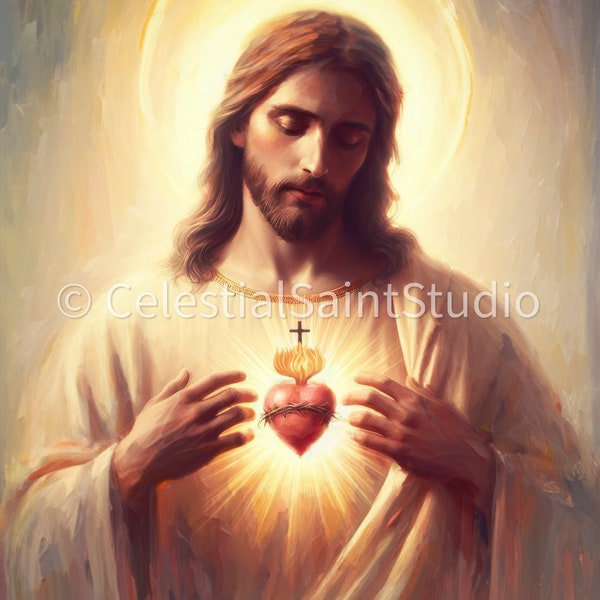 Sacré-Cœur de Jésus | PEINTURE À L'HUILE NUMÉRIQUE | Catholique imprimable | Téléchargement numérique | Art catholique