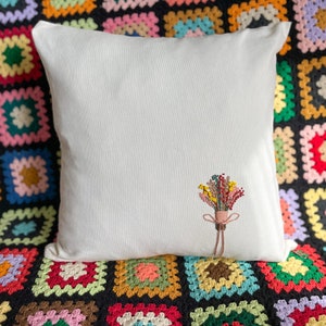 Colorful embroidered flower bouquet pillow case, Off white decorative cushion cover, Retro elegant embroidery pillow sham, Handmade gift