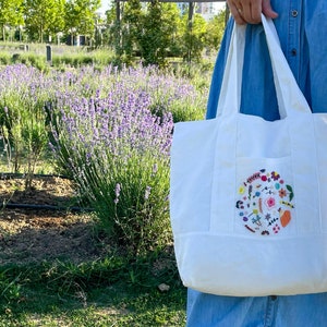 Hand embroidered summer tote bag, Colorful wildflowers hobo bag, Lined off white shoulder bag, Multi-pocket bag, Flower garden shoulder bag
