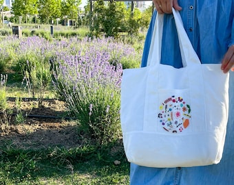 Hand embroidered summer tote bag, Colorful wildflowers hobo bag, Lined off white shoulder bag, Multi-pocket bag, Flower garden shoulder bag