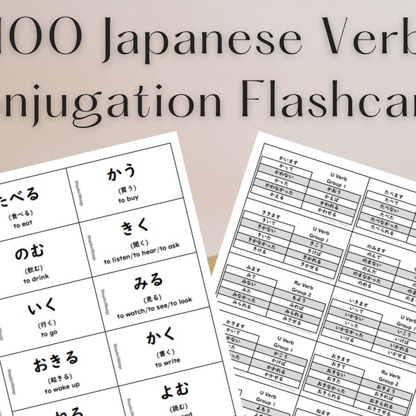 100 Japanese Verb Conjugation Flashcards | Conjugation Tables | Japanese Verb Practice | Instant Digital Download