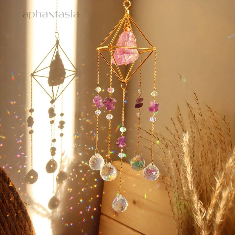 Gemstone Crystal Suncatcher Window Prism Decor Boho Decoration Room Charm Decor Rainbow Maker Wind Chime aventurine window charms Pink quartz