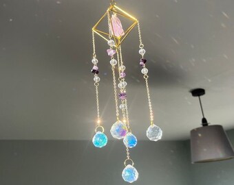 gemstone suncatcher Crystal and gold chain suncatcher Rainbow crystals suncatcher Crystal wind chimes natural stone metal prism dreamcatcher