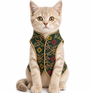 May include: A light tan tabby cat wearing a dark green waistcoat with a gold and red floral pattern. The waistcoat features a high collar, gold piping along the edges, and three round gold buttons down the front. The cat is sitting upright facing forward.