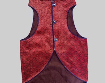 May include: A red brocade vest with a mandarin collar and blue trim. The vest has a long tail and three buttons down the front.