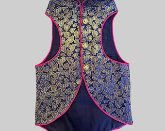 May include: A navy blue waistcoat with a gold leaf pattern and pink trim. The waistcoat has a mandarin collar and a button closure.