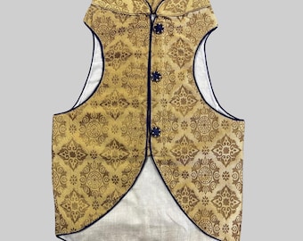 May include: A gold brocade vest with a mandarin collar and navy blue trim. The vest has a long, pointed back.