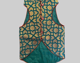 May include: A teal sleeveless vest with a gold geometric pattern and red trim. The vest has a mandarin collar and a button closure.