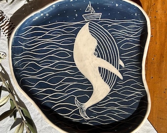 Handmade Ceramic Plate BALENA+B | Sgraffito | Wall Art or Serving Tray | Made in Faenza