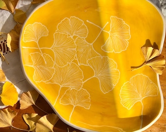 Handmade Ceramic Plate GINKGO | Sgraffito | Wall Art or Serving Tray | Made in Faenza