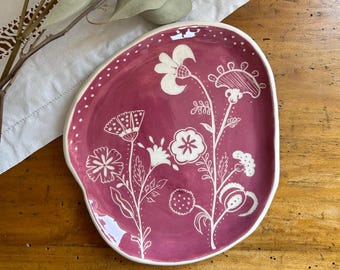 Handmade Ceramic Plate FANTASY FLOWERS | Sgraffito | Wall Art or Serving Tray | Made in Faenza