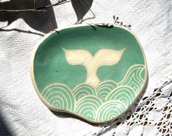 Handmade Ceramic Plate WHALE TAIL | Sgraffito | Wall Art or Serving Tray | Made in Faenza