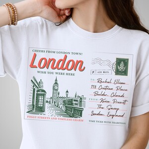 Maglietta personalizzata con cartolina vintage di Londra, nome e località personalizzati, souvenir di una vacanza europea, regalo per gli amanti dei viaggi