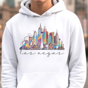 Sudadera con el horizonte de Las Vegas, sudadera colorida con capucha de Las Vegas, regalo para los amantes de Las Vegas, cuello redondo de Las Vegas, camiseta de Las Vegas Nevada, horizonte de la ciudad