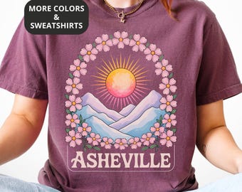 Asheville Shirt North Carolina Sweatshirt Berg Sonnenuntergang Wildblumen T-Shirt Retro Boho T-Shirt mit Hippie Vibe für Frauen Geschenk für Naturliebhaber