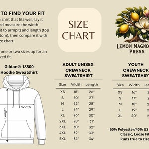 May include: Size chart for Gildan&reg; 18500 Hoodie Sweatshirt. The chart shows sizes XS to 5XL with corresponding width and length measurements in inches. The chart also includes a youth crewneck sweatshirt size chart with sizes XS to XL and corresponding width and length measurements in inches. The chart is on a beige background with a lemon magnolia press logo.