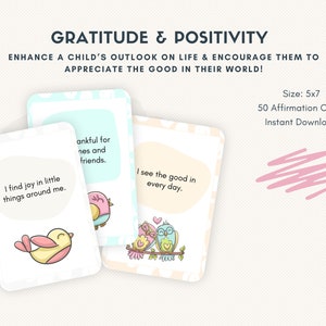 Cartes d’affirmation de positivité de gratitude pour enfants - Pack de 50 cartes, imprimable 5x7, téléchargement instantané PDF JPG