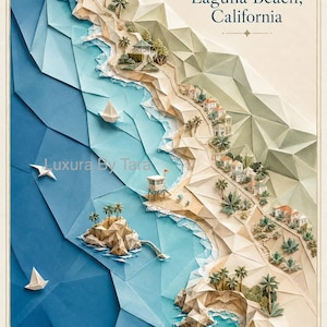 May include: A paper art depiction of Laguna Beach, California, featuring a coastline with origami-style waves, buildings, and palm trees. The artwork includes the text "Laguna Beach, California" and the artist's signature.