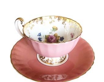 Aynsley Bone China Mismatched Pink Floral Tea Cup and Saucer