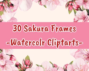 30 cliparts de cadre de fleurs de cerisier aquarelle, cadre de sakura aquarelle PNG