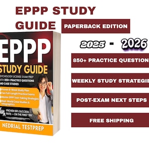 May include: A paperback study guide for the EPPP exam, featuring a woman wearing glasses. The cover displays the title "EPPP STUDY GUIDE" and includes information about practice questions, study plans, and test-taking strategies. The book is for the 2025-2026 exam.