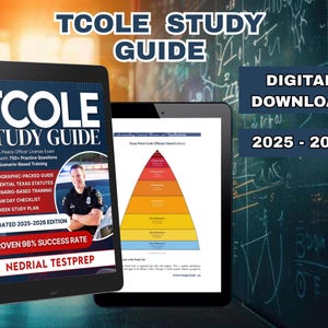 May include: Two tablets displaying study guides. One shows "TCOLE STUDY GUIDE" with a photo of a police officer, and the other displays a chart of Texas Penal Code Offense Classifications. Text on the tablets includes "DIGITAL DOWNLOAD 2025-2026".