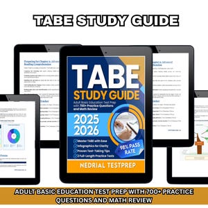 May include: Several black tablets showing study guide pages. The main tablet displays "TABE STUDY GUIDE" with the years 2025 and 2026, and the text "Adult Basic Education Test Prep with 700+ Practice Questions and Math Review."