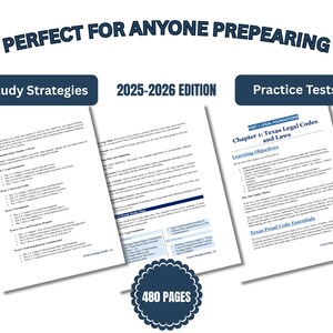 May include: A study guide with the text "PERFECT FOR ANYONE PREPEARING" and "2025-2026 EDITION". The guide includes "Study Strategies" and "Practice Tests" with 480 pages. The guide covers Texas Legal Codes and Laws.