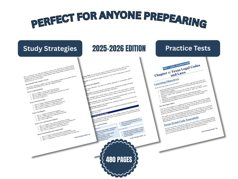 May include: A study guide with the text "PERFECT FOR ANYONE PREPEARING" and "2025-2026 EDITION". The guide includes "Study Strategies" and "Practice Tests" with 480 pages. The guide covers Texas Legal Codes and Laws.