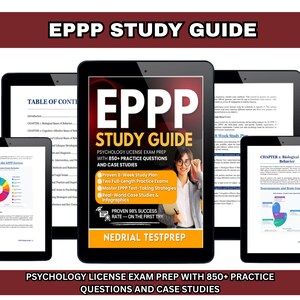May include: A collection of black tablets displaying the "EPPP Study Guide" for psychology license exam prep. The guide features practice questions, case studies, and a proven 8-week study plan. The tablets show different pages of the study guide.