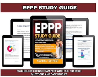 May include: Several black tablets showcasing the "EPPP Study Guide" for psychology license exam preparation. The guide includes practice questions, case studies, and an 8-week study plan. The tablets display various pages of the study guide.
