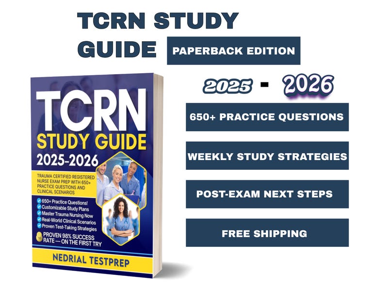 K&ouml;nnte beinhalten: Ein Taschenbuch der TCRN Study Guide f&uuml;r 2025-2026. Das Cover zeigt den Titel in Wei&szlig; und Gelb, mit Bildern von Krankenschwestern. Enth&auml;lt &uuml;ber 650 &Uuml;bungsfragen und w&ouml;chentliche Lernstrategien.