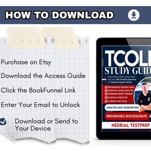 May include: Image showing instructions on how to download a study guide. The guide is for the Texas Peace Officer License Exam, with practice questions and scenario-based training. The guide is displayed on a tablet, with a notepad showing the download steps.
